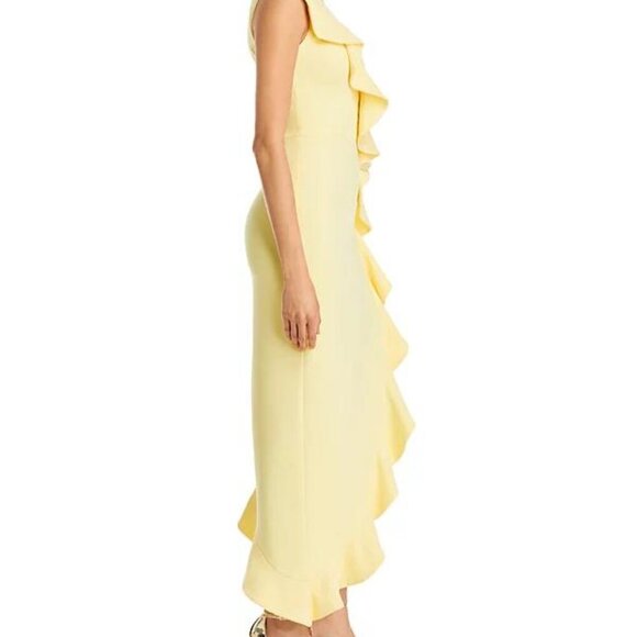 AQUA One-Shoulder Yellow Scuba Crepe Ruffle Maxi Dress NWT Size 2 - Picture 4 of 7